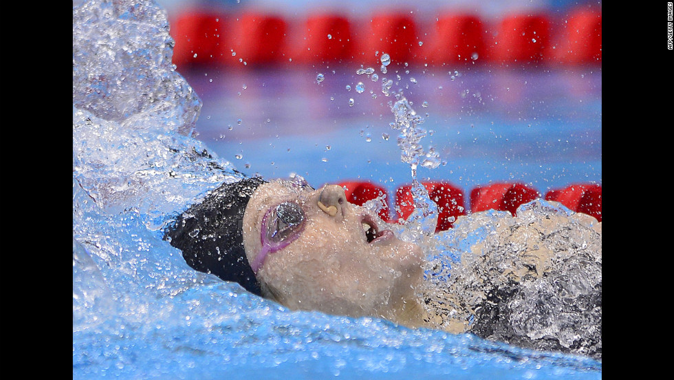 Missy Franklin competes in the women&#39;s 200-meter backstroke final. Franklin took gold in the event and American Elizabeth Beisel took bronze.