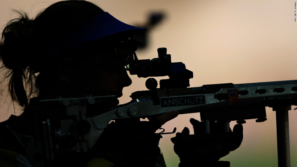 Gray aims a shot in the 50-meter rifle 3 positions women&#39;s qualification at the Royal Artillery Barracks in London.