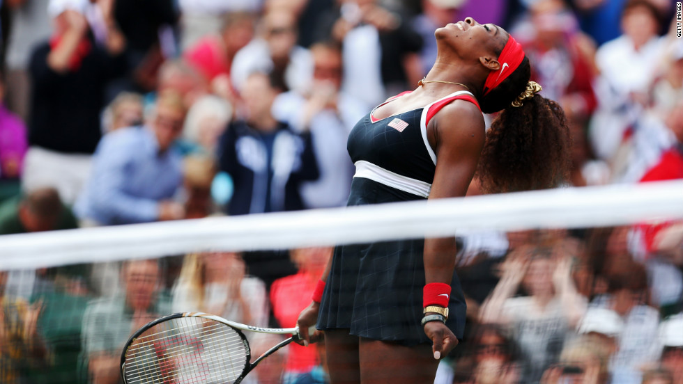 Serena Williams reacts after defeating Maria Sharapova of Russia to win the gold medal in women&#39;s singles tennis in London, England, on Saturday, August 4.