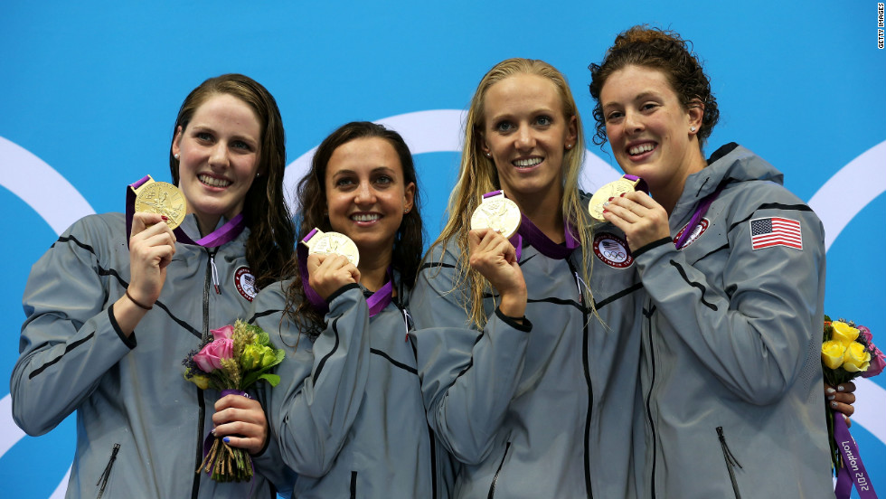 Left to right: Gold medalists Missy Franklin, Rebecca Soni, Dana Volmer, and Allison Schmitt pose during the medal ceremony for the women&#39;s 4x100-meter medley relay on Saturday, August 4.