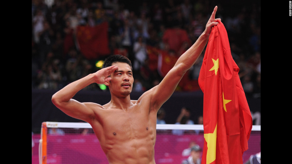 Lin Dan of China celebrates winning his men&#39;s singles badminton gold medal match against Chong Wei Lee of Malaysia.