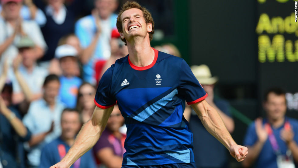 Great Britain&#39;s Andy Murray celebrates after winning the men&#39;s singles gold medal match, defeating Switzerland&#39;s Roger Federer in the London Olympics. It came 27 days after Murray lost to Federer in the Wimbledon final. 
