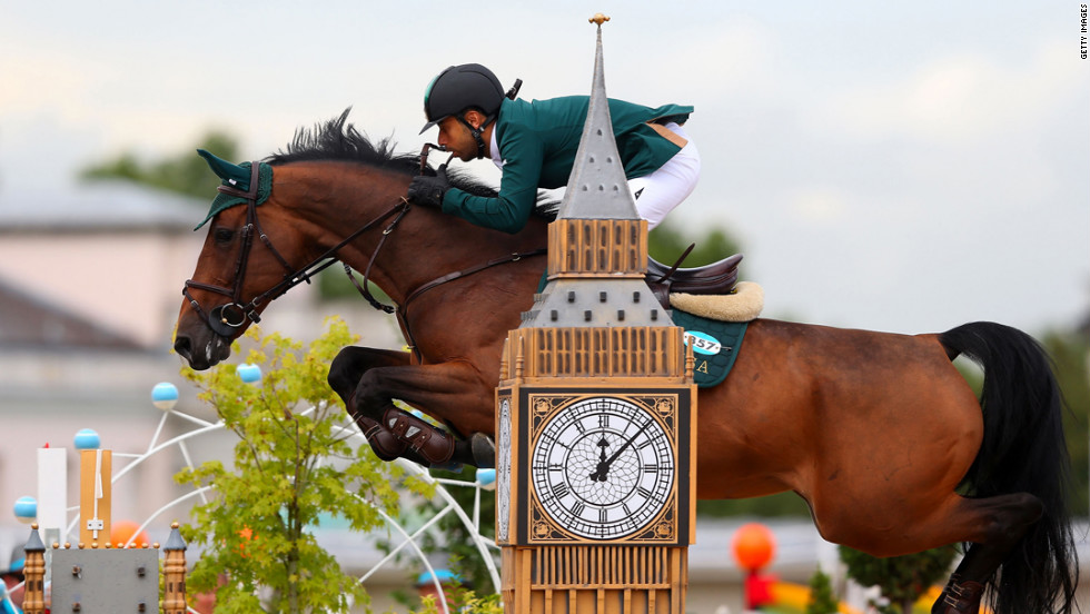 Kamal Bahamdan of Saudi Arabia riding Noblesse Des Tess jump over an obstacle in the second qualifier of individual jumping.