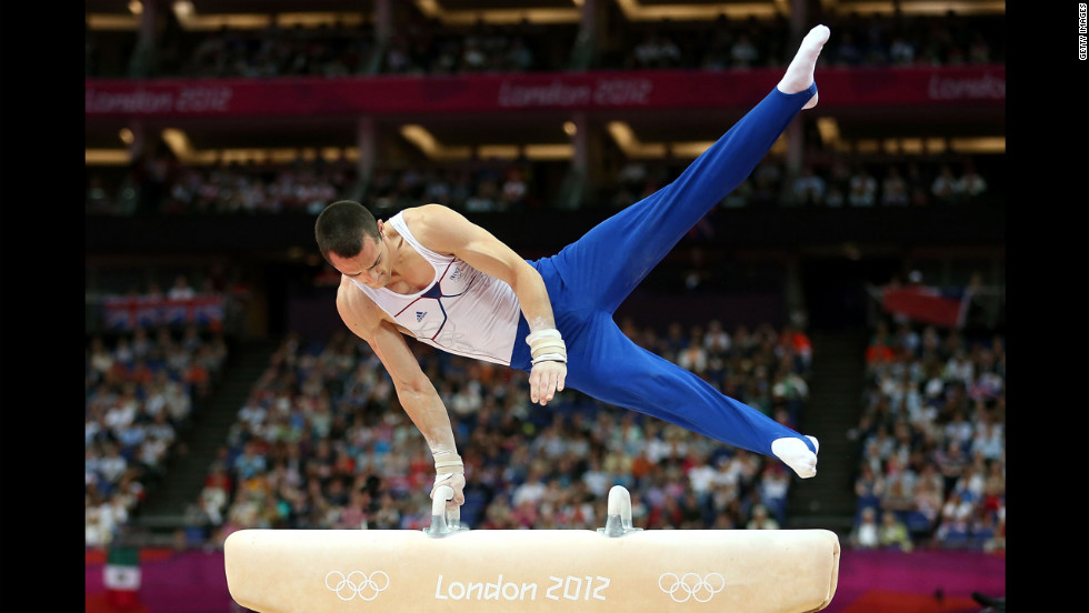 Cyril Tommasone of France performs his routine in the artistic gymnastics men&#39;s pommel horse final.