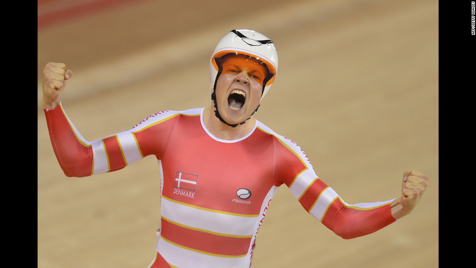 Denmark&#39;s Lasse Norman Hansen experiences the thrill of victory after winning the gold medal in the men&#39;s omnium 1 kilometer time trial cycling event.