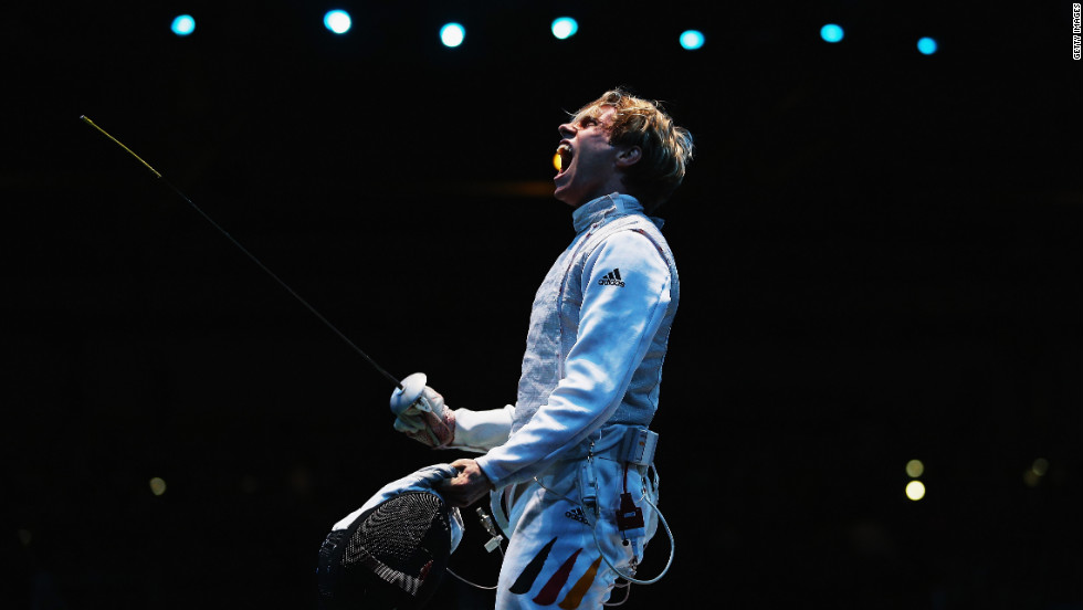 Peter Joppich of Germany celebrates beating Alexey Cheremisinov of Russia during the men&#39;s foil team fencing quarterfinal. Check out photos of &lt;a href=&quot;http://www.cnn.com/2012/08/06/worldsport/gallery/olympics-day-ten/index.html&quot; target=&quot;_blank&quot;&gt;Day 10 of the competition&lt;/a&gt; from Monday, August 6.