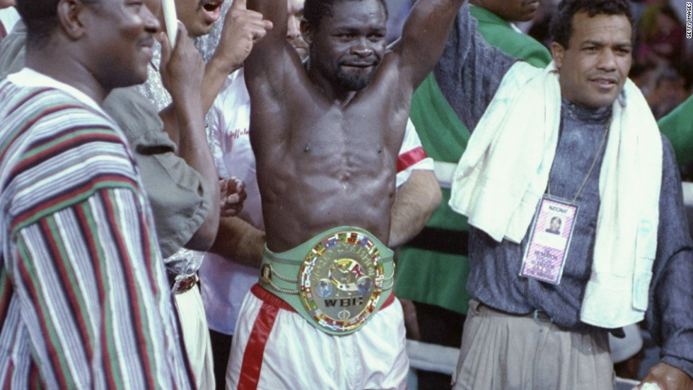 Nelson celebrates his win after a bout against Jeff Fenech on 28 June 1991.