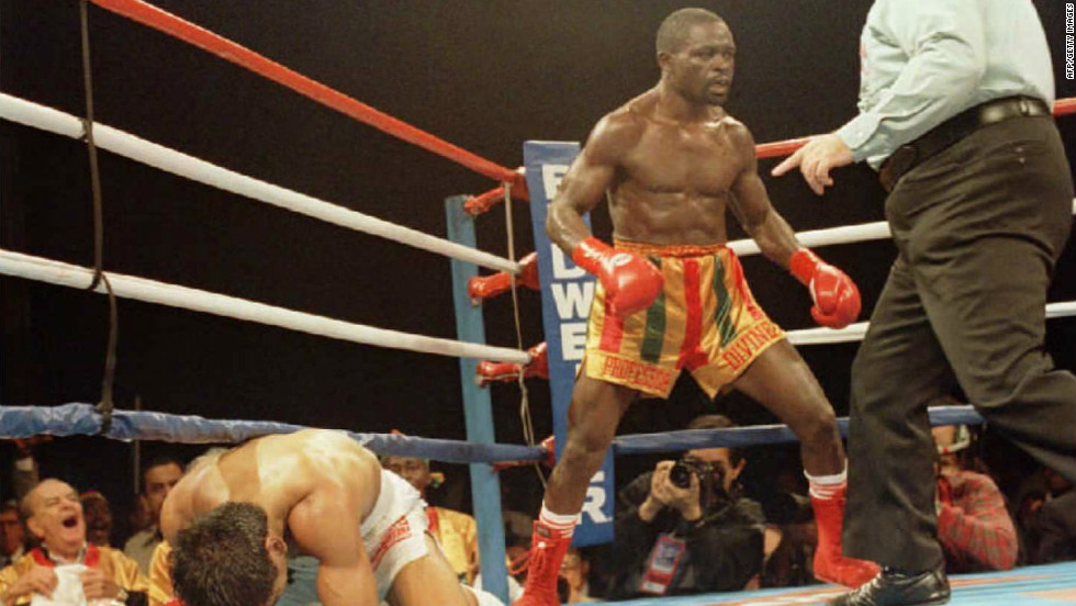 Nelson knocks Mexico&#39;s Gabriel Ruelas down in the second round of their WBC Super Featherweight title bout in Indio, California, on 01 December 1995.