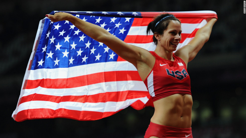 Jennifer Suhr of the United States celebrates winning the gold medal in the women&#39;s pole vault final on Monday.