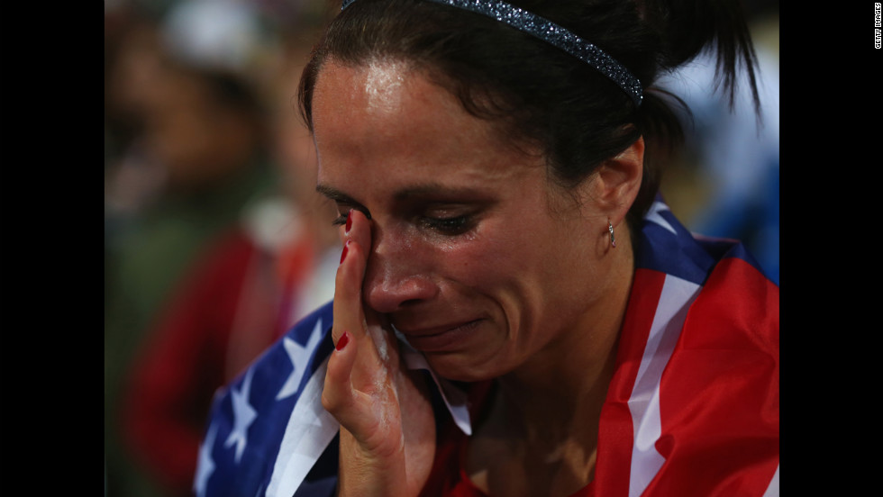 Jennifer Suhr shows her emotion after winning gold.