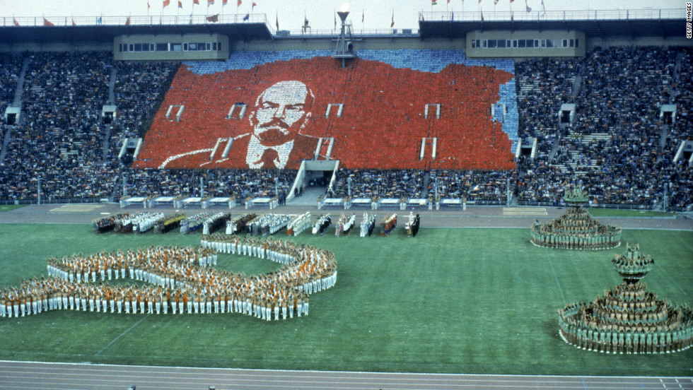 A further 55 countries joined the boycott of the opening ceremony in Moscow. Here a choreographed show from the crowd and performers produce a hammer and sickle and the face of Lenin.