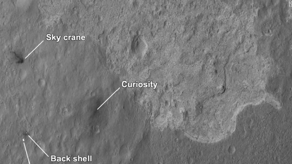 The four main pieces of hardware that arrived on Mars with NASA&#39;s Curiosity rover were spotted by NASA&#39;s Mars Reconnaissance Orbiter. The High-Resolution Imaging Science Experiment camera captured this image about 24 hours after landing. 