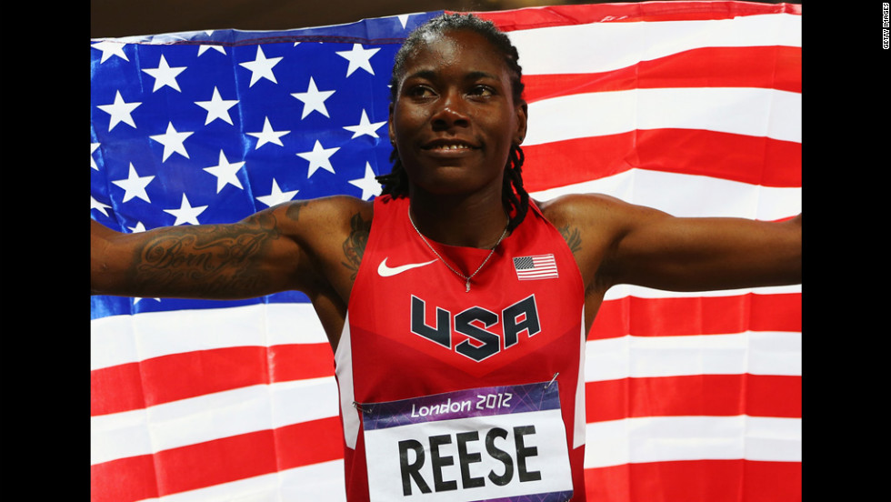 Brittney Reese of the United States celebrates winning gold in the women&#39;s long jump final.