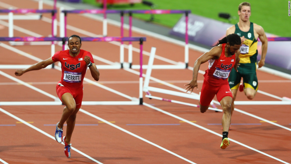 Aries Merritt of the United States crosses the finish line ahead of Jason Richardson of the United States on Wednesday.