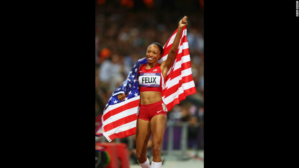 Allyson Felix of the United States celebrates after winning gold in the women&#39;s 200-meter final.