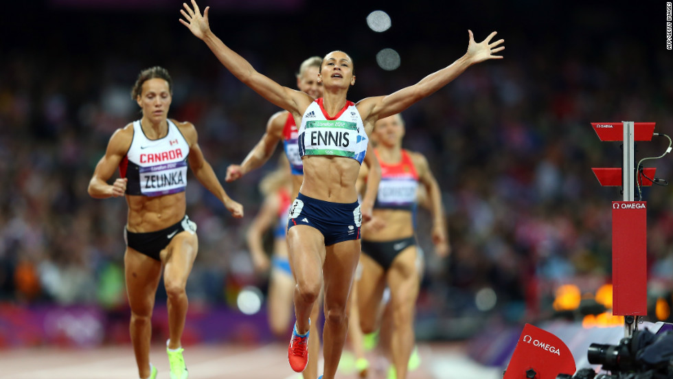 Team GB&#39;s golden girl Jessica Ennis crosses the line during the women&#39;s heptathlon 800m to win overall gold for the event. She was a strong favorite ahead of the event and didn&#39;t disappoint fans. 
