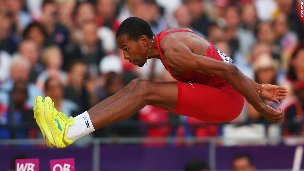 Christian Taylor competes in the men&#39;s triple jump final.