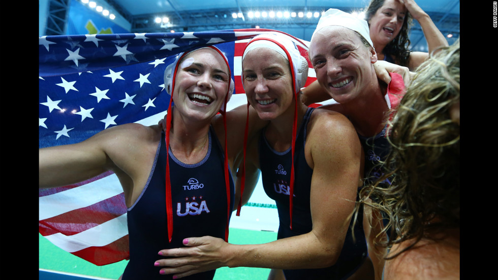 United States players celebrate winning the women&#39;s water polo gold medal match against Spain on Thursday, August 9, Day 13 of the London Olympics.