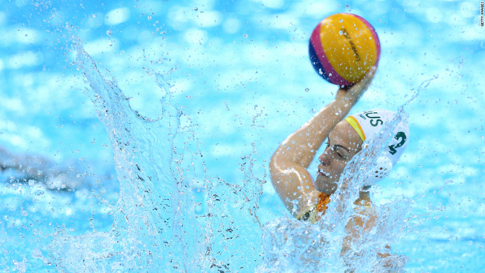 Gemma Beadsworth, No. 2 of Australia, scores the first goal in extra time during the women&#39;s water polo bronze medal match between Australia and Hungary.