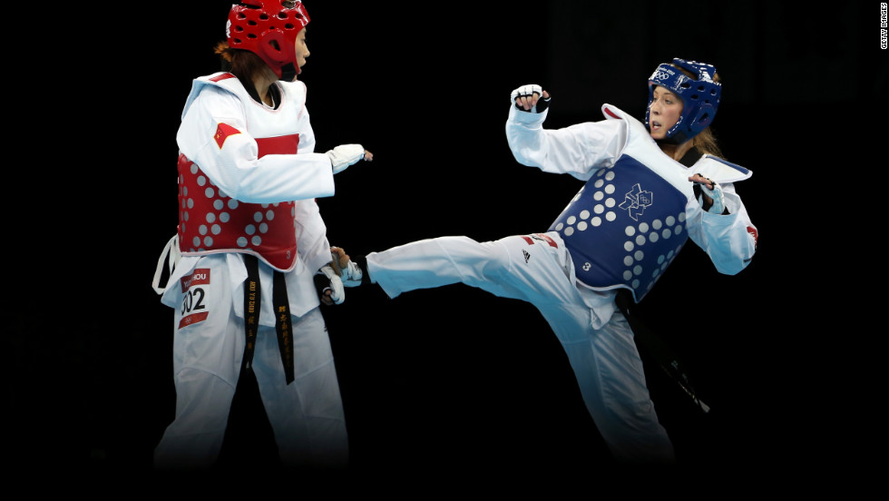 Jade Jones of Great Britain competes against Yuzhuo Hou of China during the women&#39;s 57kg Taekwondo gold medal final. Jones ended up winning the bout making the Welsh taekwondo medalist the first British taekwondo champion ever.  
