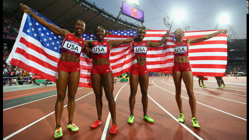 The U.S. women&#39;s 4x100-meter relay team -- from left, Carmelita Jeter, Bianca Knight, Tianna Madison and Allyson Felix -- set a new world record in the final.