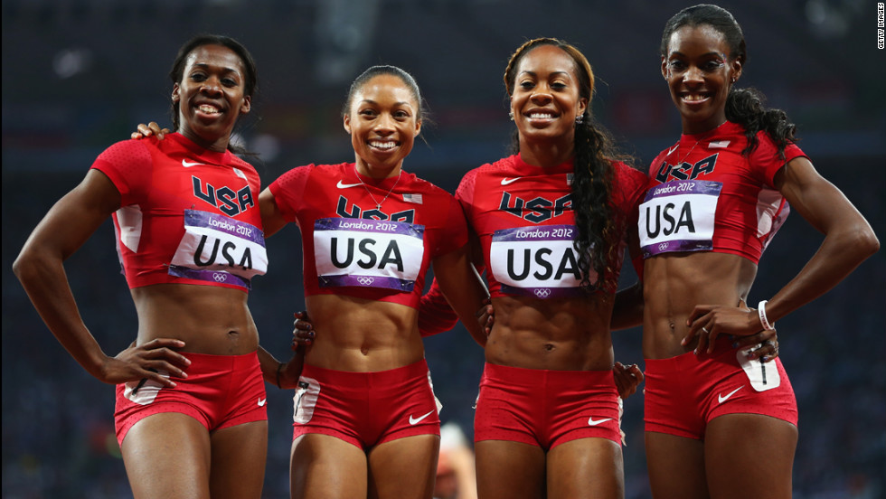 DeeDee Trotter, Allyson Felix, Sanya Richards-Ross and Francena McCorory, from left to right, are all smiles after winning gold in the women&#39;s 4x400-meter relay final.