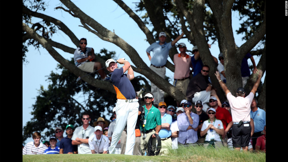 Jamie Donaldson of Wales hits from the seventh tee.