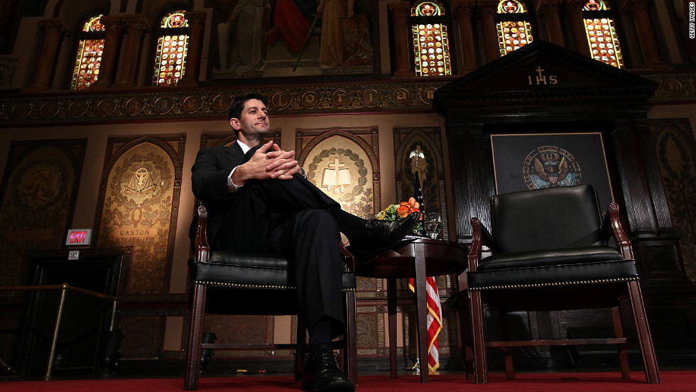 Ryan is introduced before speaking about the federal budget at Georgetown University on April 26, 2012.