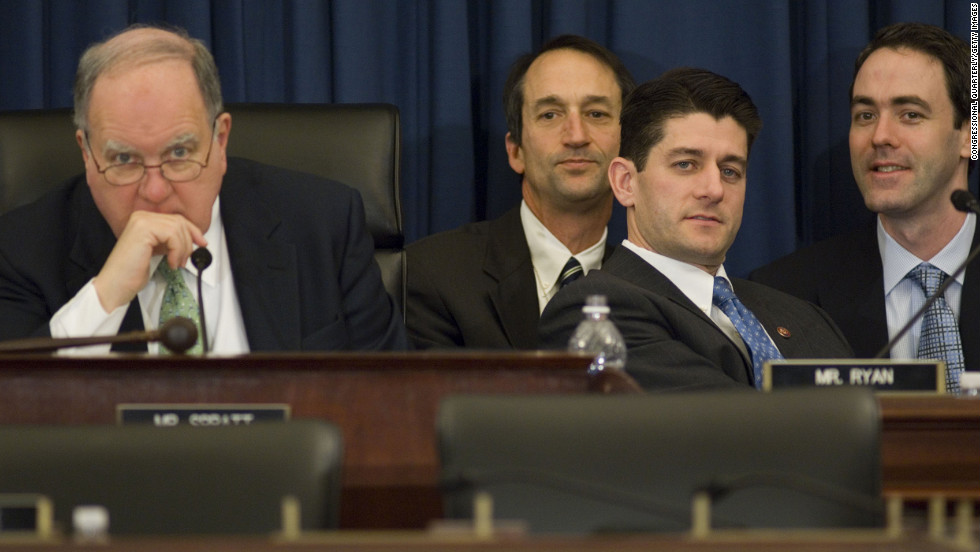 Then-Budget Committee Chairman John M. Spratt Jr., left, and ranking member Ryan listen to Federal Reserve Chairman Ben Bernanke testify during the House Budget hearing on the economy on January 17, 2008.