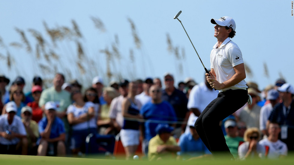 Rory McIlroy of Northern Ireland reacts after a putt at the 18th hole.