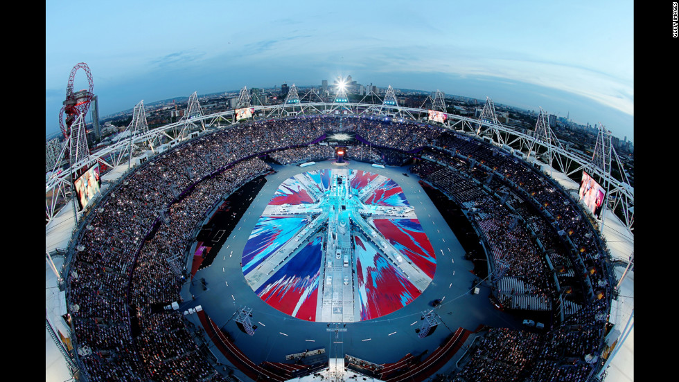 A view looking down into London&#39;s Olympic stadium shows a rendition of the Union Jack on the stadium floor as the closing ceremony gets under way.