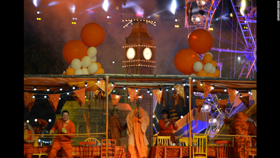 Artists perform at the Olympic stadium during the closing ceremony.