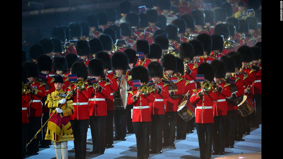 The Household Division Ceremonial State Band perform the song &quot;Parklife,&quot; originally done by the British rock band Blur.