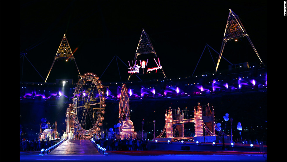 The ceremony featured replicas of several London landmarks, including Tower Bridge and the giant Ferris wheel known as London Eye.