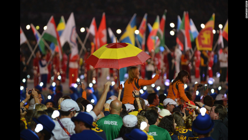 Athletes fill the Olympic stadium.