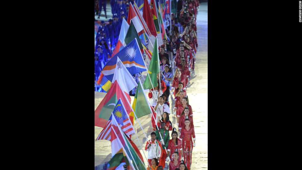 Flagbearers parade during the closing ceremony.