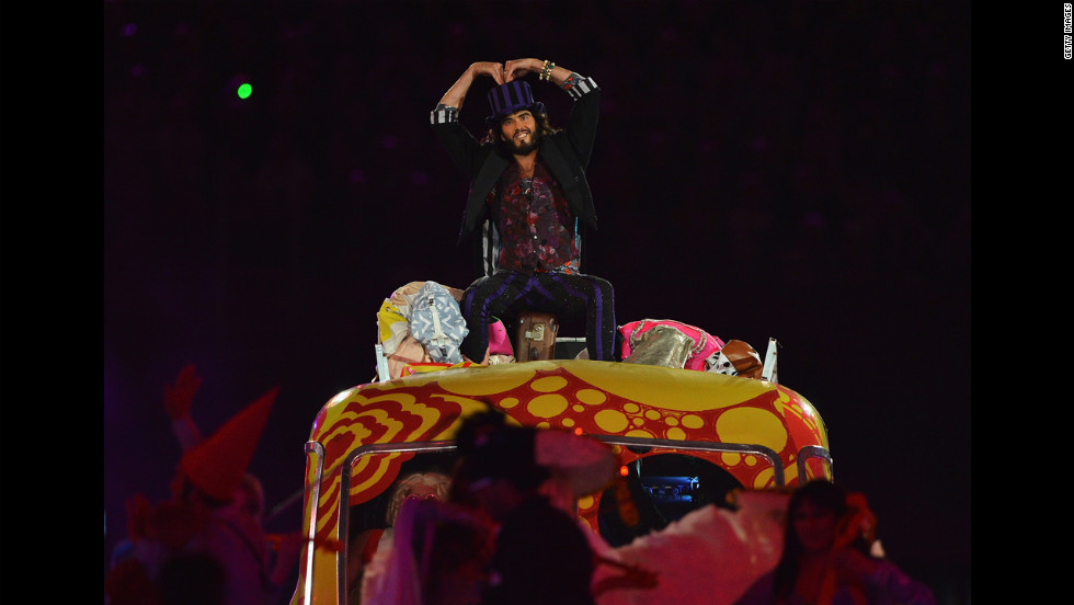 Entertainer Russell Brand performs during the closing ceremony.