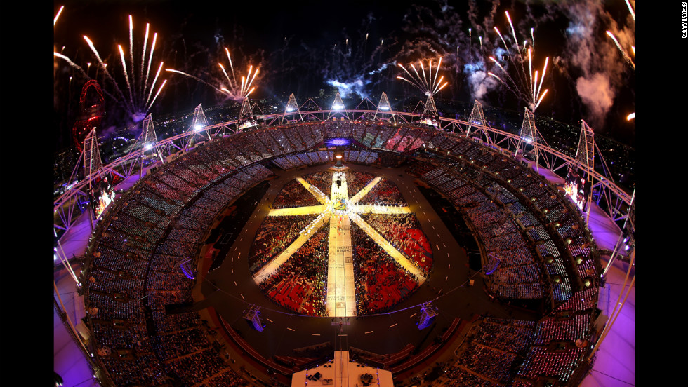 Fireworks explode over the stadium.