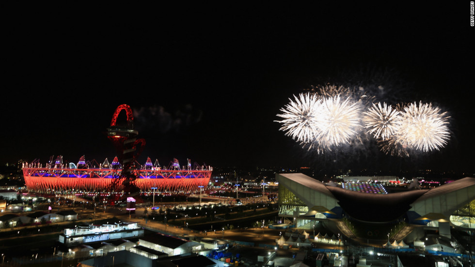 Fireworks light up the Olympic stadium during the closing ceremony of the London 2012 Olympics on Sunday, August 12. Check out photos from the &lt;a href=&quot;http://www.cnn.com/2012/07/27/worldsport/gallery/olympic-opening-ceremony/index.html&quot; target=&quot;_blank&quot;&gt;opening ceremony.&lt;/a&gt;