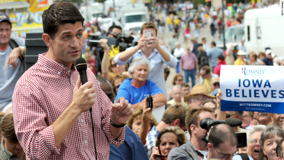 Rep. Paul Ryan of Wisconsin speaks during a campagin stop at the Iowa State Fair in Des Moines on August 13, 2012. It was the newly minted GOP vice presidential candidate&#39;s first solo stop since becoming Romney&#39;s running mate.