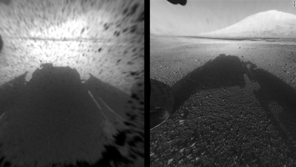 This image comparison shows a view through a Hazard-Avoidance camera on NASA&#39;s Curiosity rover before and after the clear dust cover was removed. Both images were taken by a camera at the front of the rover. &quot;Mount Sharp,&quot; the mission&#39;s ultimate destination, looms ahead. 