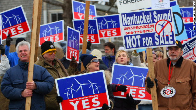 The Cape Wind project has drawn detractors and supporters, including these in Woods Hole, Massachusetts. 