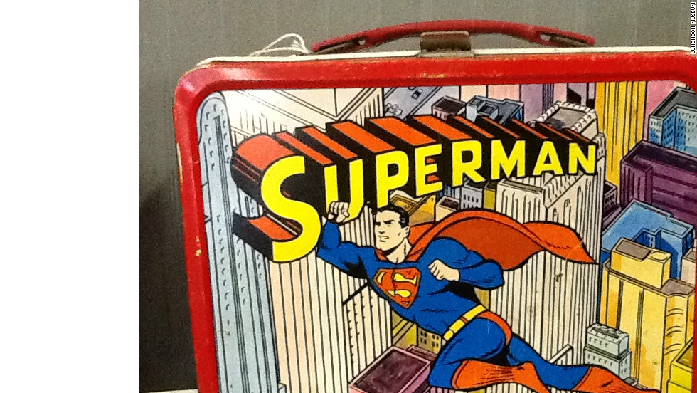 This Superman metal lunchbox from Thermos arrived in 1967. The classic metal lunchbox era ended with concerns that pieces of metal would be used as weapons.