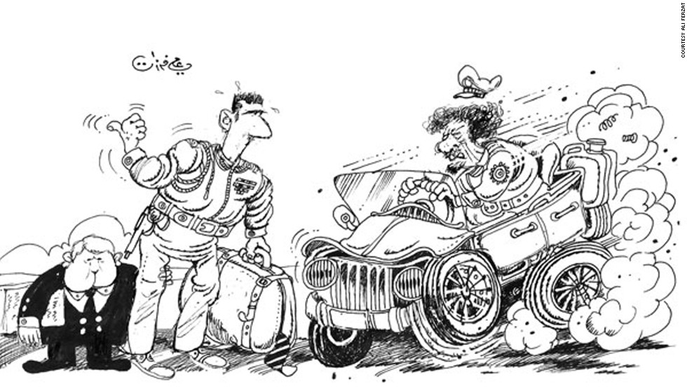 Weeks before being assaulted, Syrian cartoonist Ali Ferzat depicted President Bashar al-Assad thumbing a ride from ousted, now-deceased Libyan dictator Moammar Gadhafi.