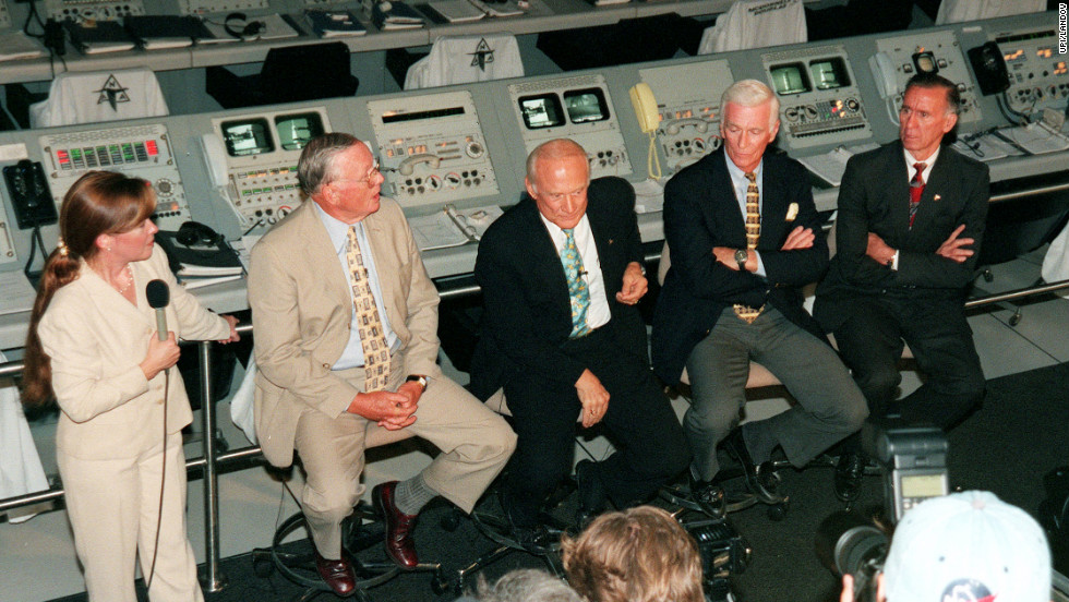 Former Apollo astronauts meet with the media at the Apollo/Saturn V Center prior to a 30th anniversary banquet highlighting the contributions of aerospace employees who made the Apollo program possible on July 16, 1999. From left to right: Armstrong; Aldrin; Gene Cernan, who flew on Apollo10 and Apollo 17; and Walt Cunningham, who flew on Apollo 7. 