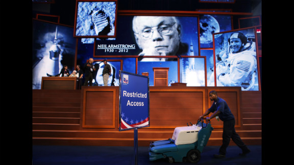 A tribute to NASA astronaut Neil Armstrong, who died Saturday, August 25, is displayed at the GOP convention as preparations continue.