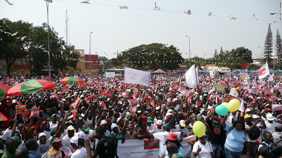 Thousands of Angolans take part in a demonstration in Luanda organized by the main opposition party, UNITA, to ask for free and fair elections on May 19, 2012.