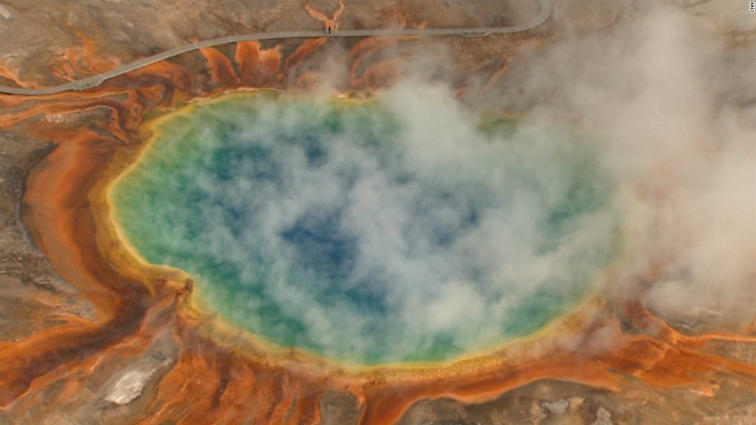 Yellowstone National Park&#39;s Grand Prismatic Spring, the park&#39;s largest hot spring, makes for a stunning photo in this aerial shot.