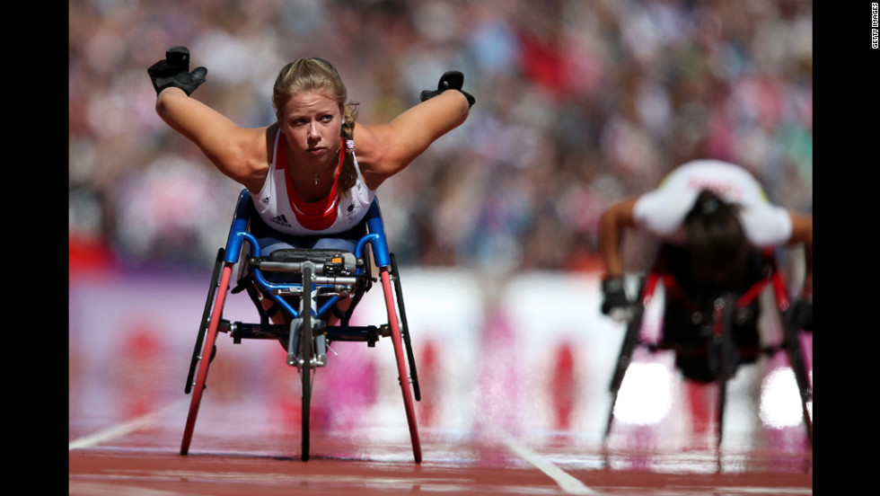 Hannah Cockroft of Great Britain competes in the women&#39;s 100 meters on day 2 of the London 2012 Paralympic Games at Olympic Stadium on Friday, August 31.