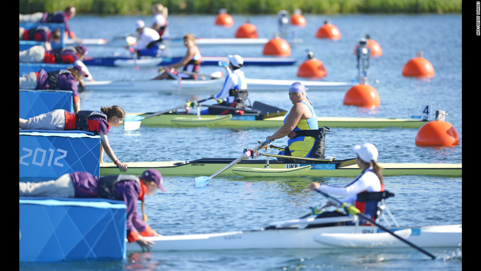 Ukraine&#39;s Alla Lysenko (second in row) prepares to take part in the women single sculls heat on Friday.